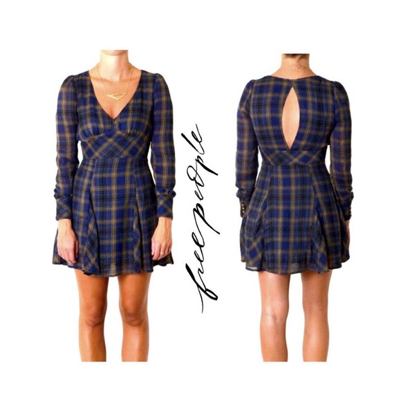 Free People Dresses & Skirts - Free People Teen Spirit Plaid Mini Dress Size 6 Blue Yellow Brown Long Sleeve